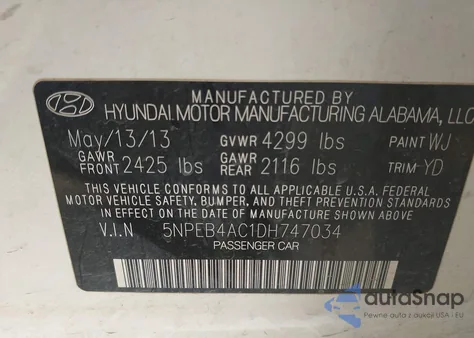 2013 Hyundai Sonata Gls z USA, uszkodzony, nr VIN 5NPEB4AC1DH747034